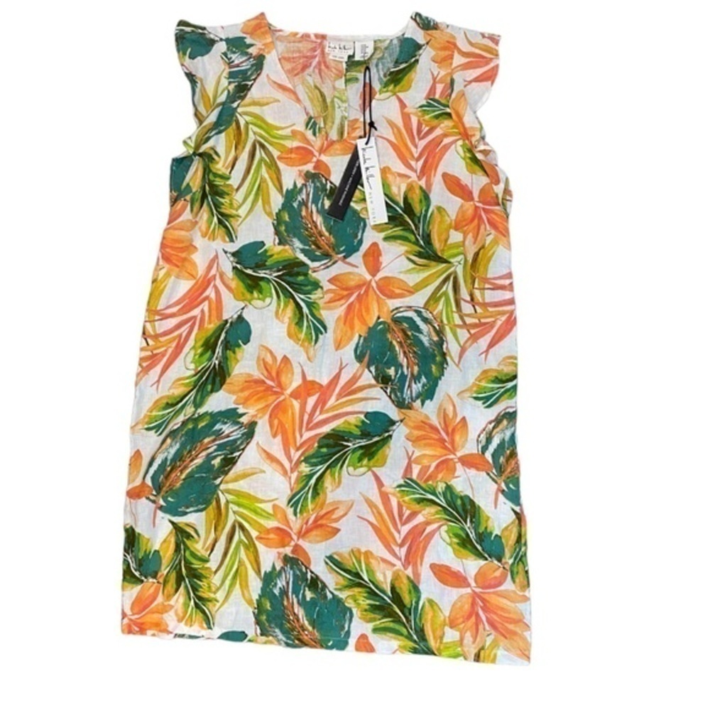 NWT Linen Nicole Miller | Tropical Floral Print V-Neck Shift Mini Dress - Picture 2 of 8